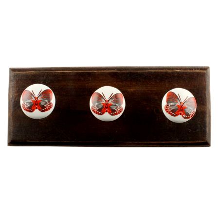 Dark Red Butterfly Ceramic Wooden Hook